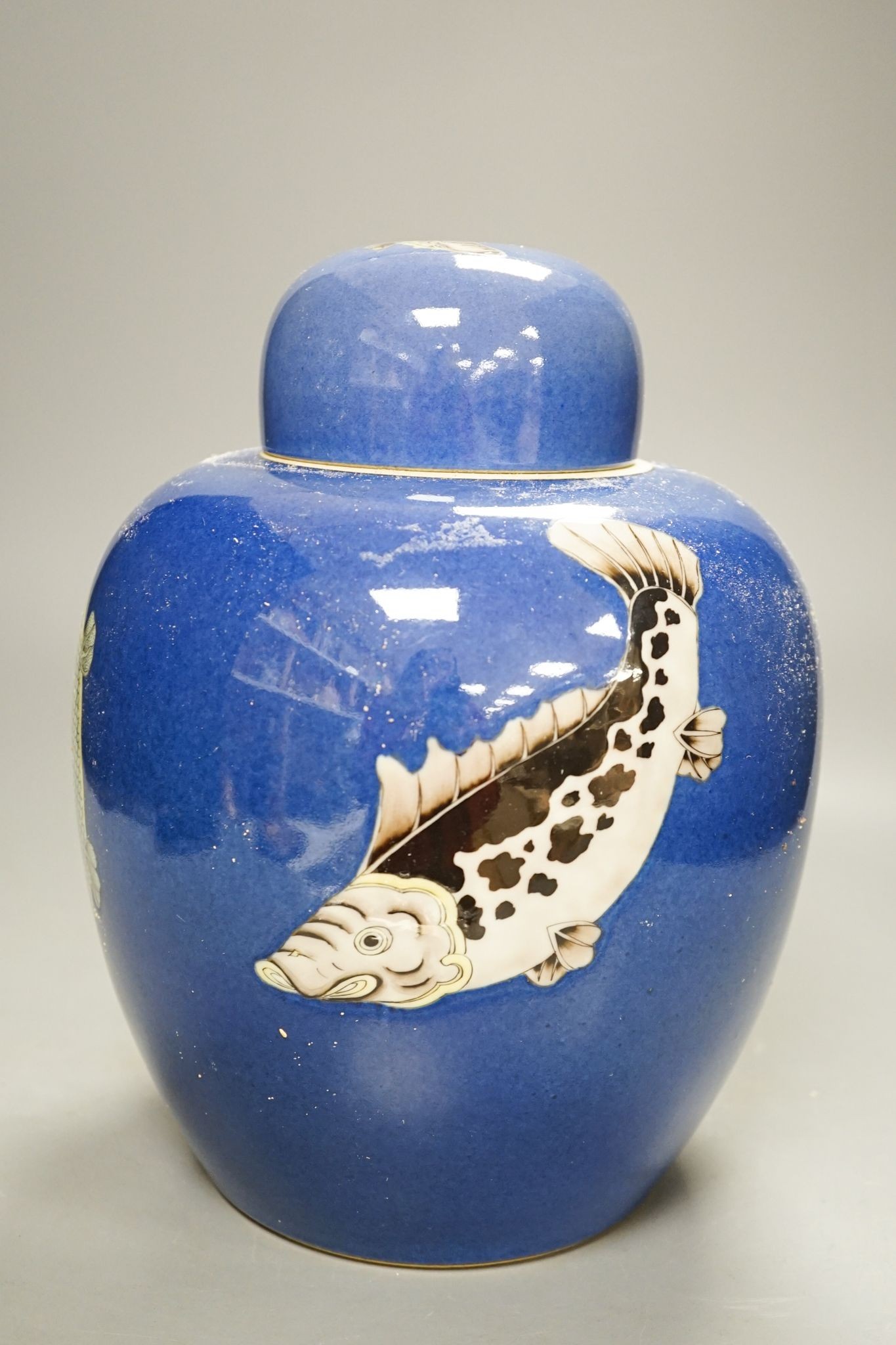 A Chinese powder blue ‘fish’ ginger jar and cover, 26cm
